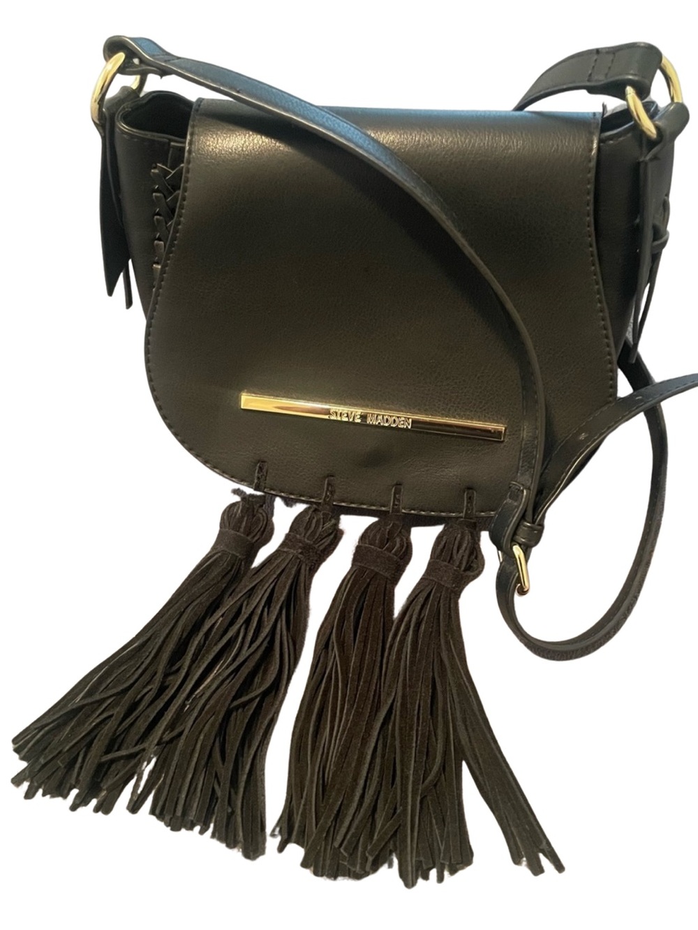 EUC Steve Madden Crossbody Saddle Bag with Fringe Tassels, black w/gold hardware
